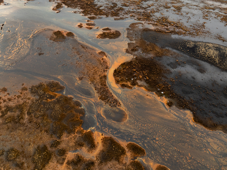 Aerial view of the intricate river delta and tidal flats featuring winding water channels rich brown sediment and dark volcanic terrain in Iceland. Aerial view of the intricate river delta and tidal flats featuring winding water channels rich brown sediment and dark volcanic terrain in Iceland.