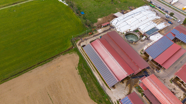 Aerial view of a cattle farm featuring large barns with red roofs solar panels and agricultural fields in San Giuliano Milanese Lombardy Italy.