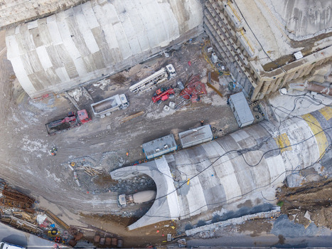 Aerial view of a construction site with concrete tunnels heavy machinery trucks and building materials in Istanbul Istanbul Turkiye.