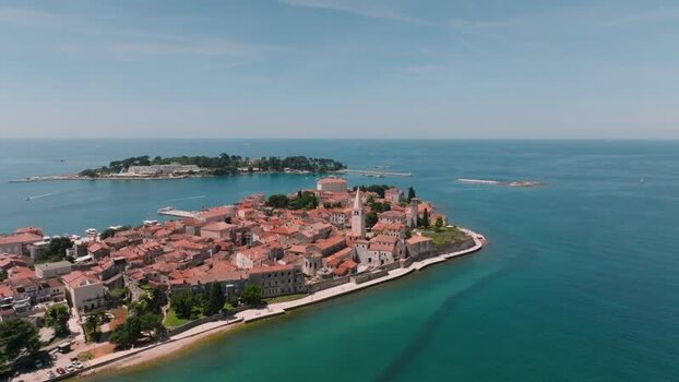 Aerial view of Porec old town and the Adriatic Sea Croatia.