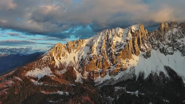 Aerial view of Dolomite Mountains in Canazei Italy.