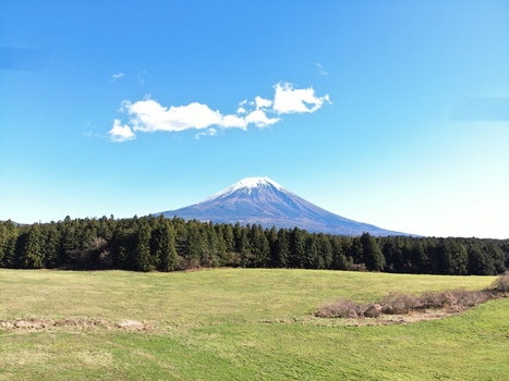 Aerial view of Mount Fuji with its snow capped peak rising above a dense forest and green fields under a clear blue sky in Fujinomiya Shizuoka Japan. Aerial view of Mount Fuji with its snow capped peak rising above a dense forest and green fields under a clear blue sky in Fujinomiya Shizuoka Japan.