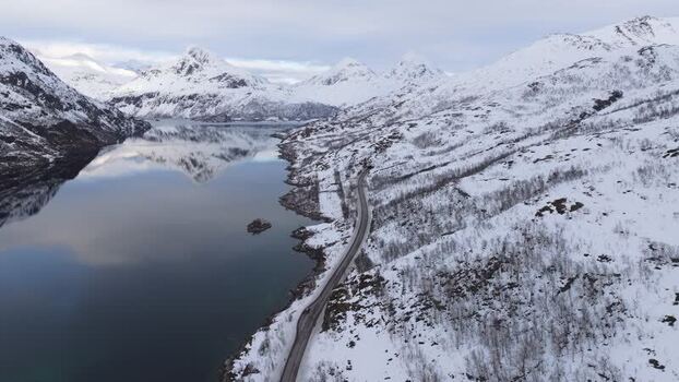 Aerial view of Lofoten road in Vagan Municipality Norway.