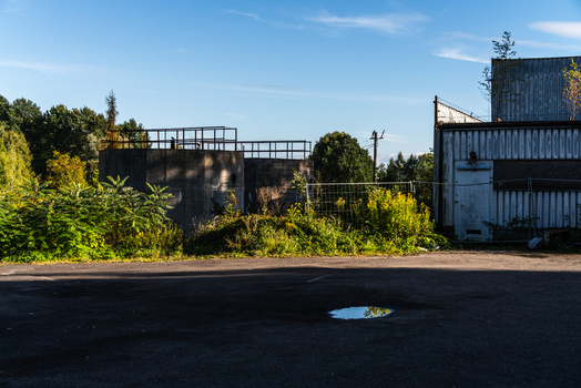 View of industrial concrete structures and a weathered metal building surrounded by overgrown vegetation and trees under a clear blue sky in Poland.