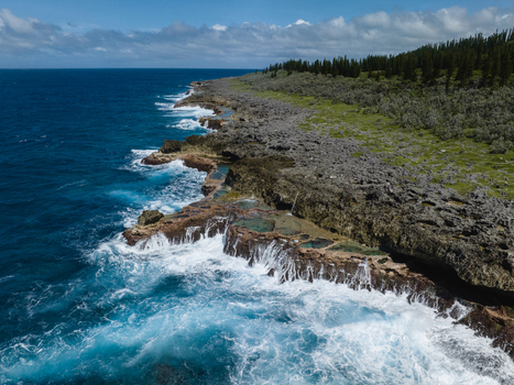 Aerial view of the rugged coastline where the deep blue ocean meets the jagged cliffs and the lush green forest Lifou New Caledonia.