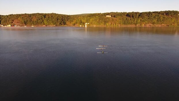 Aerial view of rowers on the Hudson River United States.