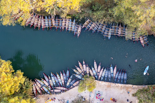 Aerial view of numerous boats clustered along the riverbank under the golden light of trees Kineret Israel.