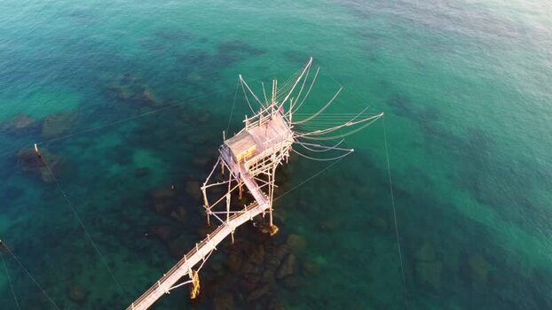 Aerial view of a traditional trabocco on the Costa dei Trabocchi Italy.