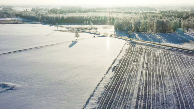 Aerial view of a snow covered landscape with frost covered trees a rural road and agricultural fields under bright winter sunlight in Latvia. Aerial view of a snow covered landscape with frost covered trees a rural road and agricultural fields under bright winter sunlight in Latvia.