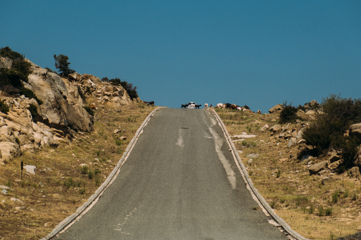 View of a paved road winding through a rocky arid landscape with a small herd of goats standing at the crest under a clear blue sky in Neos Marmaras Greece.
