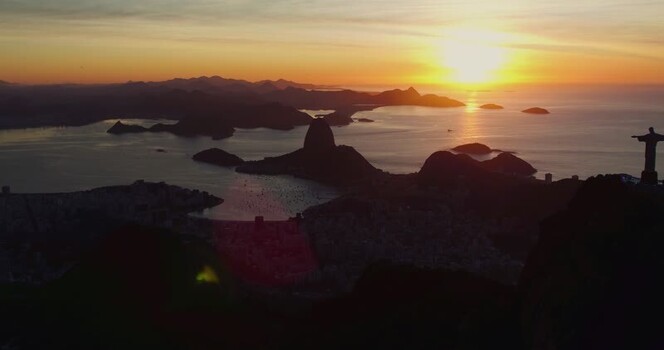 Aerial view of Christ the Redeemer at sunset Brazil.