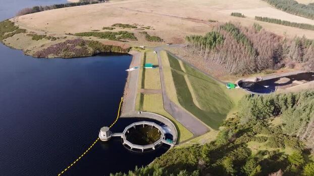 Aerial view of Whiteadder Reservoir dam and spillway United Kingdom. Aerial view of Whiteadder Reservoir dam and spillway United Kingdom.