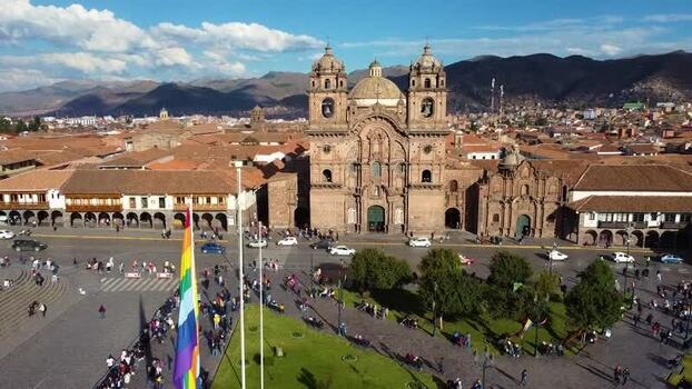 Aerial view of Church of the Society of Jesus in Cusco Peru.