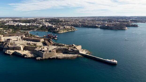 Aerial view of Ricasoli East Breakwater and Fort Ricasoli Malta.