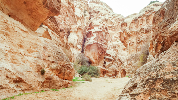 View of the towering sandstone cliffs and narrow canyon path leading through the Siq in Wadi Musa Ma an Governorate Jordan. View of the towering sandstone cliffs and narrow canyon path leading through the Siq in Wadi Musa Ma an Governorate Jordan.