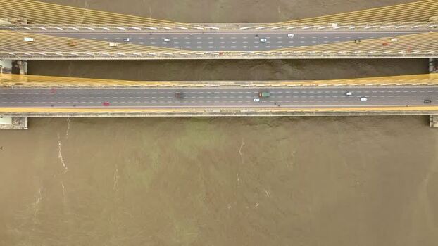 Aerial view of New Zuari Bridge over the river in India.