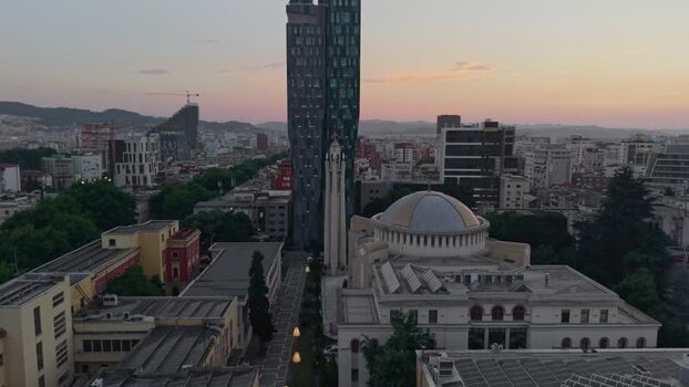 Aerial view of the Orthodox Cathedral and city skyline Albania.