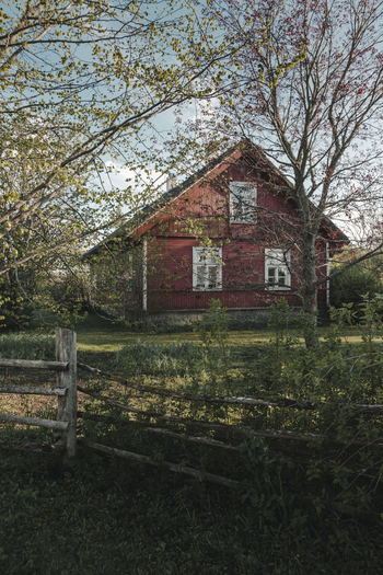 Laane County Estonia 19 May 2025 View of a traditional red wooden house on Vormsi island surrounded by lush green grass trees and a rustic wooden fence under soft daylight.