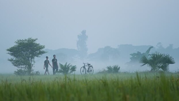 View of people walking in a foggy field with a bicycle Bangladesh. View of people walking in a foggy field with a bicycle Bangladesh.