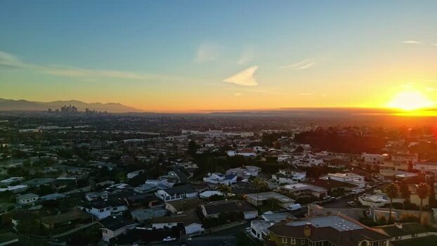 Aerial view of Los Angeles skyline at sunset United States.