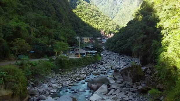 Aerial view of Aguas Calientes in the Andes mountains Peru.