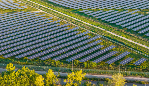 Aerial view of rows of photovoltaic panels covering a large renewable energy facility in Trino Piedmont Italy.