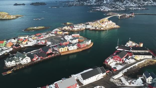 Aerial view of Henningsv&aelig;r Bryggehotell Norway.