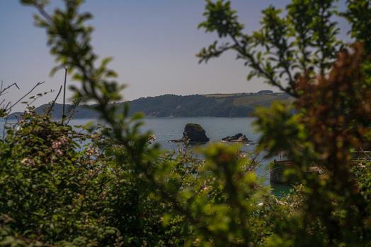 View of the coastal landscape with rocky outcrops in the sea framed by lush foreground foliage under a clear sky in Charlestown Cornwall United Kingdom. View of the coastal landscape with rocky outcrops in the sea framed by lush foreground foliage under a clear sky in Charlestown Cornwall United Kingdom.