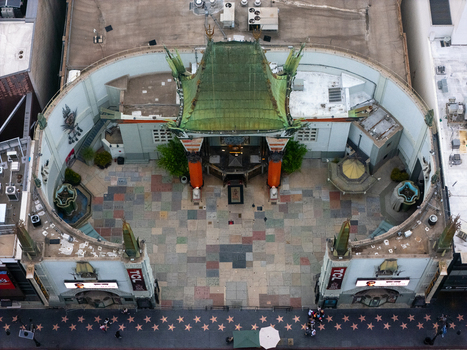 Los Angeles United States 25 September 2026 Aerial view of the TCL Chinese Theatre and the Hollywood Walk of Fame featuring the iconic pagoda style roof ornate entrance and star studded sidewalk.