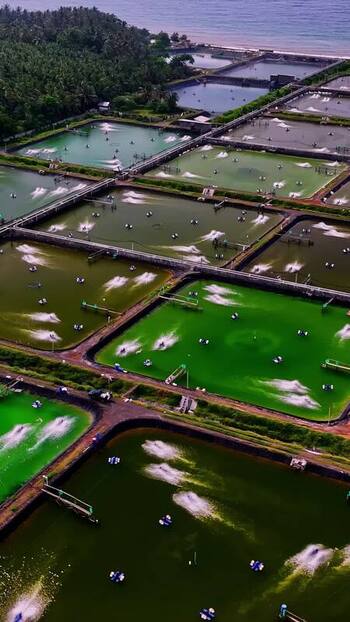 Aerial view of shrimp farming ponds in Bali Indonesia.