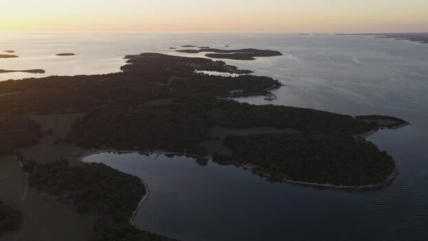 Aerial view of Brijuni National Park islands at sunset Croatia.