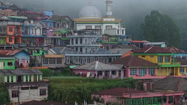 Aerial view of Nepal Van Java village and mosque Indonesia.
