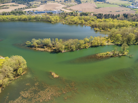 Aerial view of Biela Orava river with lush green islands and surrounding vegetation Namestovo Zilinsky kraj Slovakia. Aerial view of Biela Orava river with lush green islands and surrounding vegetation Namestovo Zilinsky kraj Slovakia.