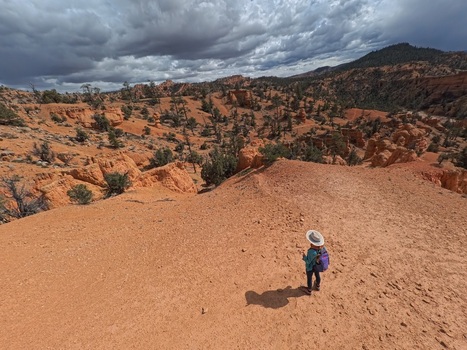 Aerial view of a hiker with a backpack walking along a trail in the red rock landscape of Casto Canyon under a dramatic cloudy sky Bryce Canyon City Utah United States.