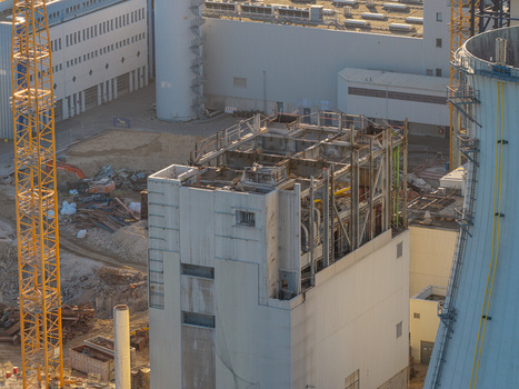 Aerial view of the deconstruction of the Combined Heat and Power Plant Lichterfelde showing industrial structures cranes and demolition debris in Berlin Berlin Germany. Aerial view of the deconstruction of the Combined Heat and Power Plant Lichterfelde showing industrial structures cranes and demolition debris in Berlin Berlin Germany.