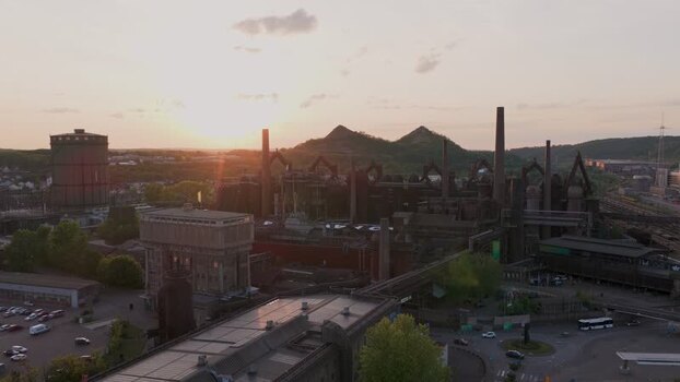 Aerial view of Volklingen Ironworks at sunset Germany.