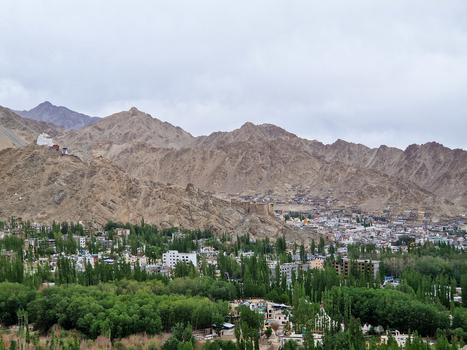 View of Leh Palace overlooking the town of Leh surrounded by the Himalayan mountains with lush green trees and urban buildings in the foreground in Leh Ladakh India.