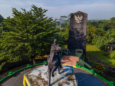 Purwokerto Indonesia 08 May 2026 Aerial view of the National Monument of Jendral Soedirman featuring the equestrian statue and the tall black monolith with the Garuda emblem. Purwokerto Indonesia 08 May 2026 Aerial view of the National Monument of Jendral Soedirman featuring the equestrian statue and the tall black monolith with the Garuda emblem.