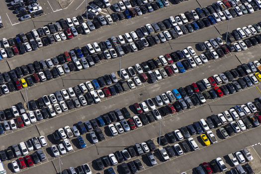 Melbourne Airport Australia 01 May 2026 Aerial view of the Value Car Park with rows of vehicles parked in diagonal spaces on a sunny day.