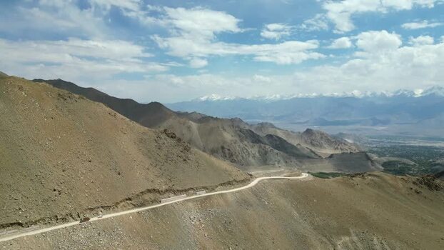 Aerial view of Khardung La mountain pass in India.