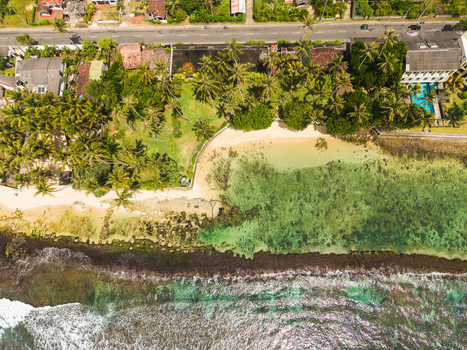 Aerial view of Thalpe Beach featuring lush palm trees turquoise water and coral reefs along the coastal road in Talpe Southern Province Sri Lanka. Aerial view of Thalpe Beach featuring lush palm trees turquoise water and coral reefs along the coastal road in Talpe Southern Province Sri Lanka.