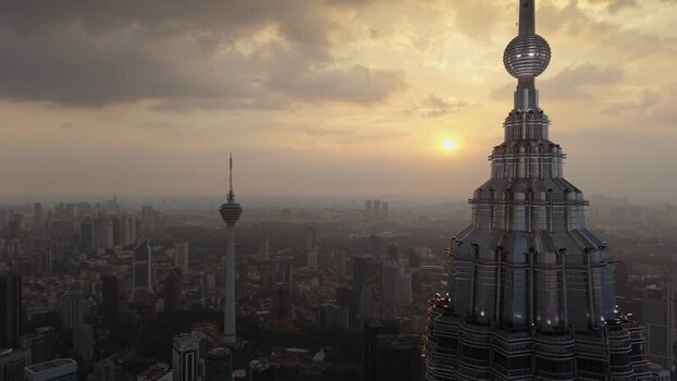 Aerial view of Petronas Towers and KL Tower Malaysia.