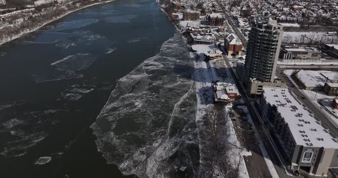 Aerial view of ice floating on the Ohio River in Cincinnati United States.