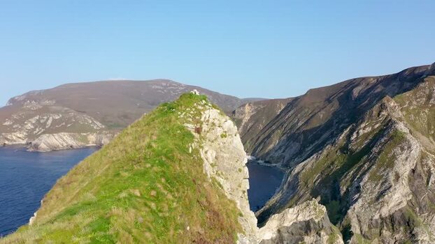Aerial view of Tormore Island sea stack Ireland.