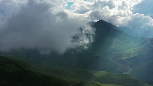 Aerial view of Caucasus Mountains and Elbrus in Russia.