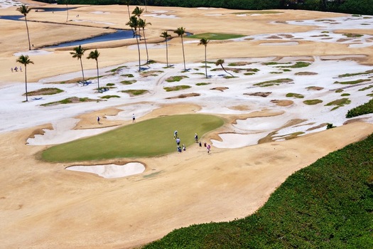 Aerial view of golfers playing on a lush green putting surface surrounded by numerous white sand bunkers and tall palm trees Juno Beach Florida United States. Aerial view of golfers playing on a lush green putting surface surrounded by numerous white sand bunkers and tall palm trees Juno Beach Florida United States.
