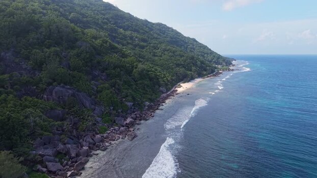 Aerial view of Anse Reunion coastline in Seychelles.