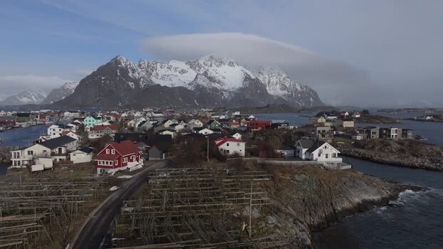 Aerial view of Lofoten village with red houses Norway.