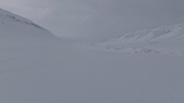 Aerial view of snowy landscape in Pyramiden Svalbard and Jan Mayen.