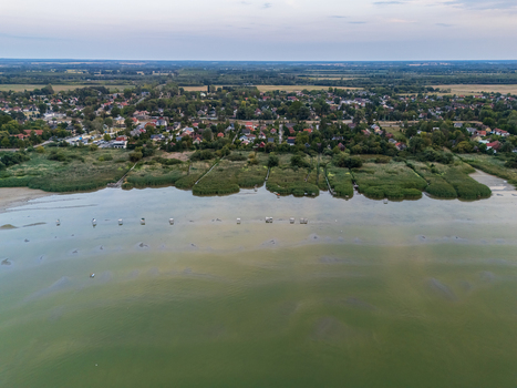 Aerial view of Lake Balaton shoreline with marina and muddy wetlands in Hungary Aerial view of Lake Balaton shoreline with marina and muddy wetlands in Hungary